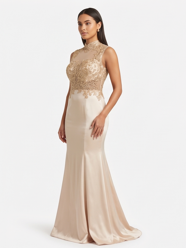 Champagne Satin Beaded Mermaid Gown